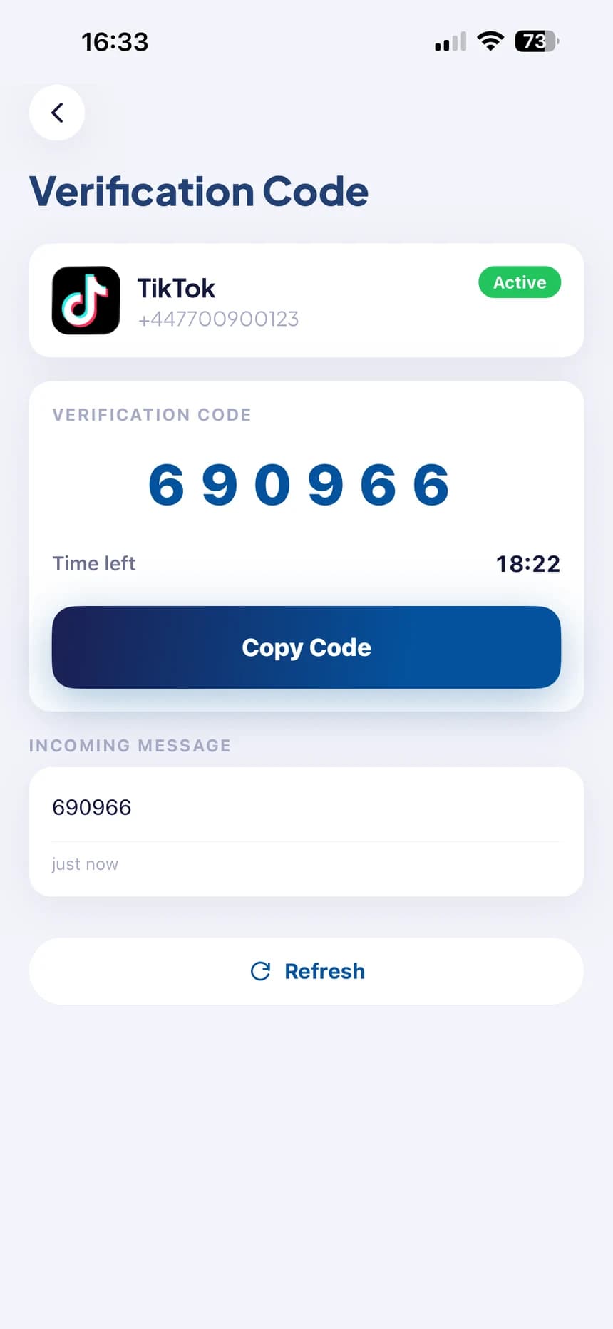 Verification code received with a Copy Code button