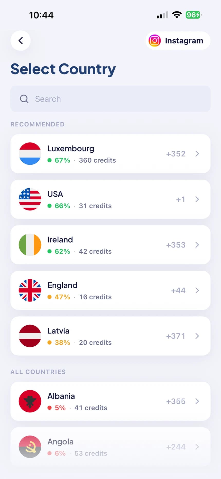 Country list with success rates and prices in credits
