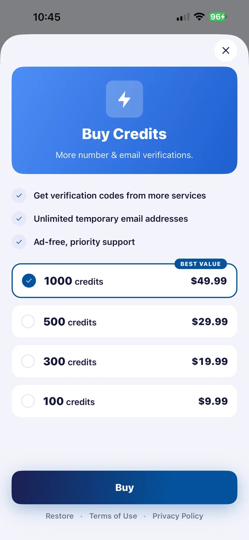 Buy Credits screen with credit packs